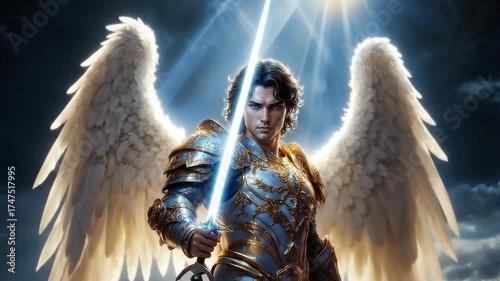 Archangel Michael holding a sword. Religious concept.