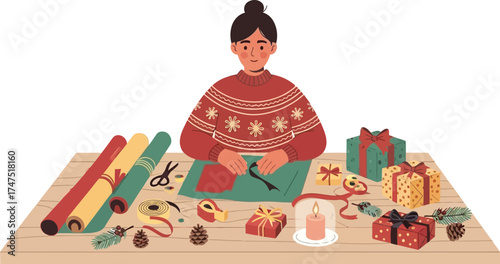 Woman in sweater wrapping christmas gifts on a wooden table with decorations on transparent background
