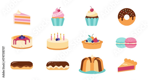 Assorted desserts: cake slice, cupcakes, donut, tart, macarons, eclair, pudding, pie.