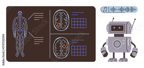 Robot beside a screen showing human nervous system and brain scans with sound waves. Ideal for AI, health tech, robotics, neuroscience, machine learning, diagnostics, and innovation. Simple flat