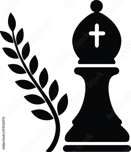 Chess Bishop and Laurel Branch: A chess bishop, an emblem of strategic planning, stands alongside a delicate laurel branch symbolizing peace and victory.