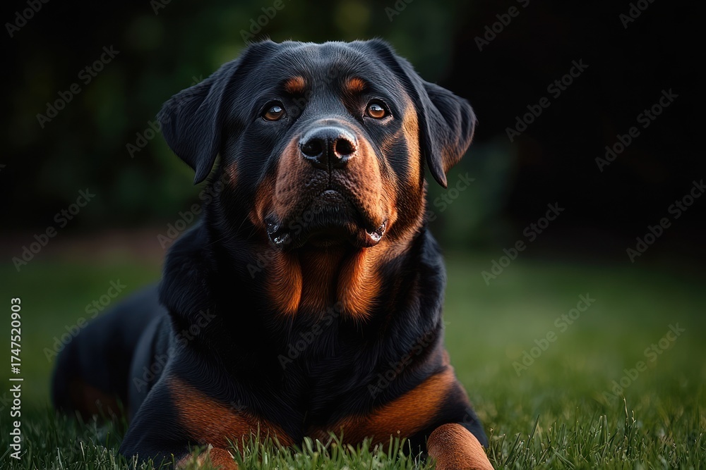 Fototapeta premium Close-up of a calm and attentive black and tan Rottweiler dog laying on grass with soft lighting highlighting its expressive face and muscular build