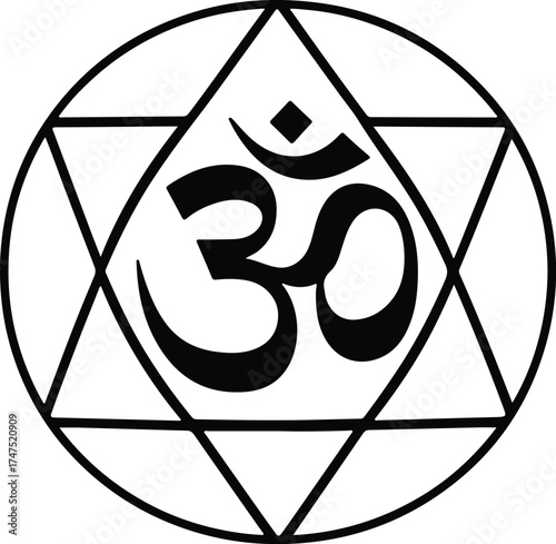 Mystical OM Symbol: A detailed and serene depiction of the OM symbol, a sacred mantra in Hinduism, presented within an intricate geometric design, symbolizing unity, spiritual harmony.