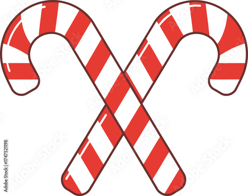 Two candy canes crossed with red and white stripes art on transparent background