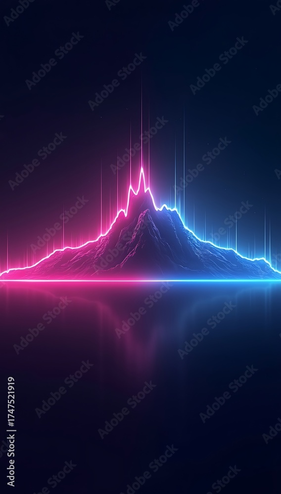Naklejka premium A glowing digital pulse line shaped like a mountain range, symbolizing excitement and adrenaline in gaming and sports, neon light on dark minimalist background. 