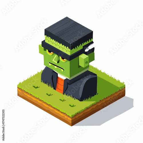 Isometric Frankenstein's monster risen from the grave, a whimsical Halloween icon for holiday promotions and spooky season celebrations, perfect for graphic designs