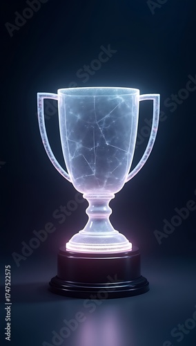 Minimalist glowing geometric trophy made of light particles, symbolizing gaming and sports victory, futuristic celebration without brand or text.