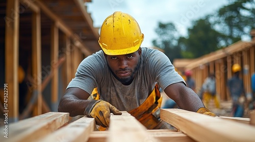 Focused construction worker wearing a yellow hard hat and gloves working with wooden beams on a building site outdoors with blurred background of other workers