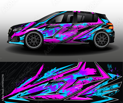 Vector design of car decals. Stylish sports background with bright paint splashes for car designs, racing, rally, adventure, and livery decals. Car branding.