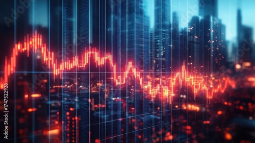 Wallpaper Mural Red fluctuating financial graph displayed over a blurred city skyline at night with skyscrapers and glowing lights Torontodigital.ca