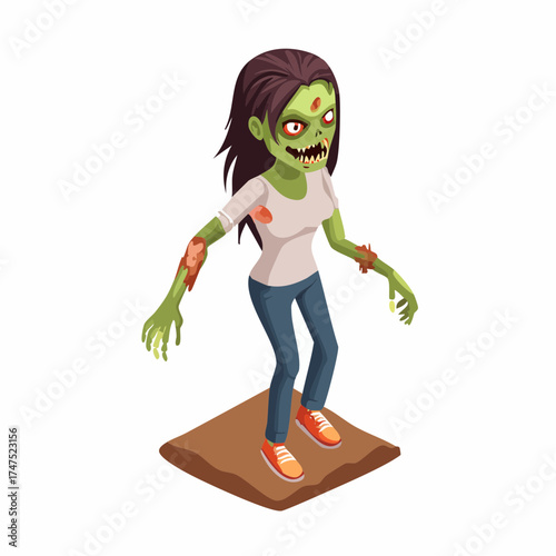 Spooky cartoon zombie girl with tattered clothing and glowing red eyes ready for Halloween scares and horror themes