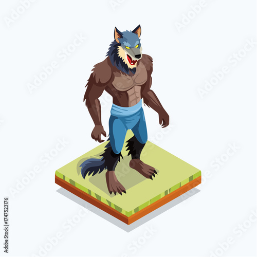 Fierce werewolf character standing ready for action in a dynamic isometric view perfect for games and fantasy projects
