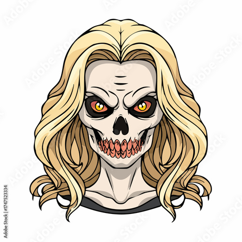 Fierce skull woman with flowing blonde hair and glowing eyes exudes dark fantasy power, perfect for Halloween or horror themes.