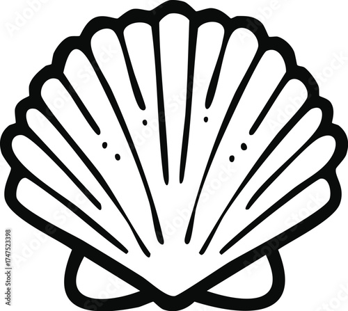 A simple, black and white illustration of a scallop seashell, depicting its detailed ridges.