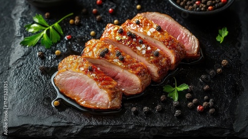 Fototapeta Naklejka Na Ścianę i Meble -  Sliced medium-rare cooked duck breast garnished with coarse salt, black peppercorns, and fresh parsley on a black stone plate
