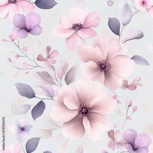 Soft pink and purple flowers and leaves arranged delicately on a light background creating a calm and elegant floral pattern