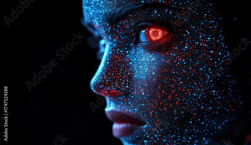 Close-up of a human-like face covered in glowing blue and red digital particles, with a bright red mechanical eye showing futuristic cybernetic technology