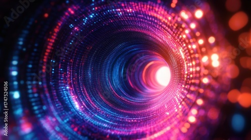 Vibrant circular tunnel of glowing multicolored dots and lines creating a futuristic digital vortex with bright light at the center