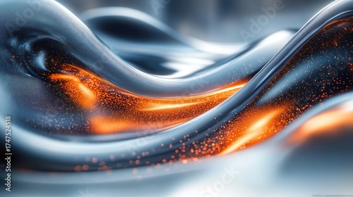 Abstract flowing metallic surface with smooth curves and glowing orange particles creating a dynamic futuristic appearance