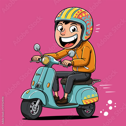 Smiling rider in patterned helmet and brown jacket speeds on light blue scooter with decorative design, joyful expression on pink background.