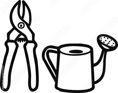 Illustration of gardening tools: pruning shears and a watering can, depicted in a simple black and white outline style.