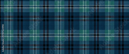 Seamless tartan plaid pattern in blue green and navy tones with Scottish winter fabric texture symmetrical design