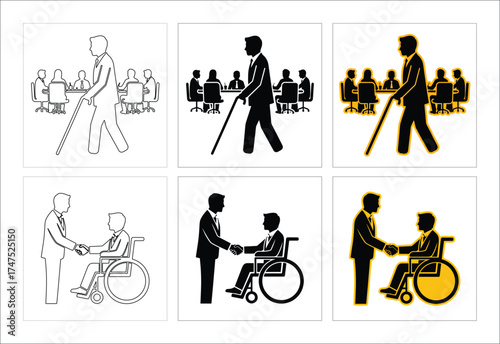 Disability Inclusion Concepts Pictogram Set Including Business Meetings And Handshake Partnership Illustrations