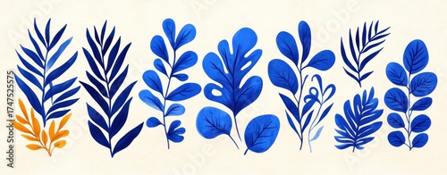 Row of stylized blue leafy botanical designs with various shapes and sizes on a light beige background with two small orange leaves on the left side