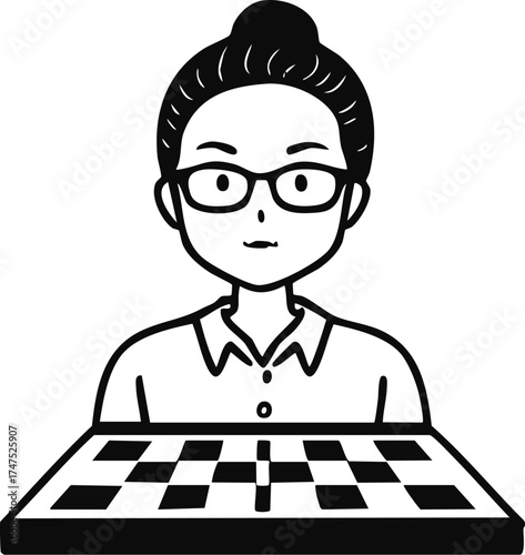 A woman with glasses sits at a chessboard, ready to play a game.