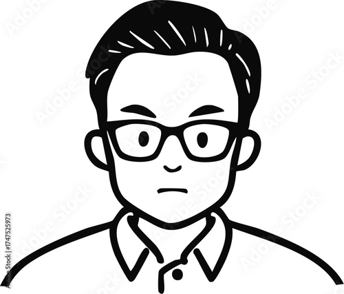 Illustration of a man with glasses, short hair, and a collared shirt, looking forward with a serious expression.