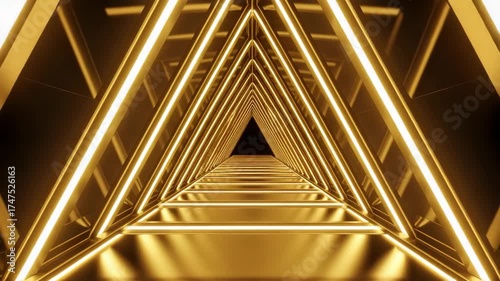 Abstract golden triangular tunnel with glowing neon lights, a geometric futuristic space, a dark vanishing point, perspective