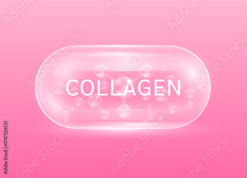 Collagen solution molecules pink in transparent capsule. For cosmetic products ads. Vitamins complex from nature. Medical health care skin protection. Vector EPS10.