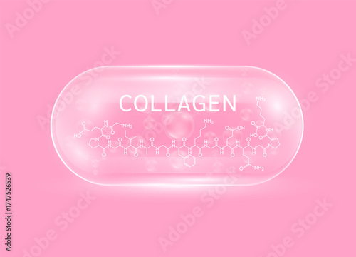 Collagen solution molecules pink in transparent capsule and chemical structure. For cosmetic products ads. Vitamins complex from nature. Medical health care skin protection. Vector EPS10.