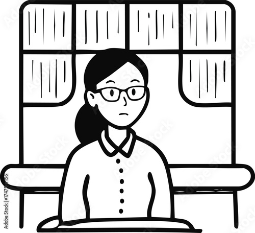 A woman with glasses looks out a window, appearing thoughtful and contemplative.