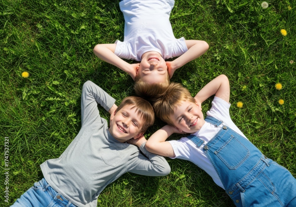 Fototapeta premium Three happy children lying on green grass in a circle isolated on white background