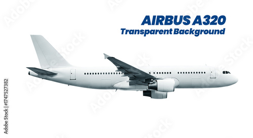 White Airplane Airbus A320 Flying Passenger Jet Plane Four Engine Side View Isolated on a Transparent Background
