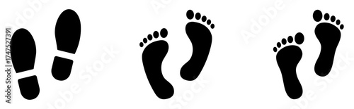 Set of human footprints and shoeprints, perfect for navigation, wayfinding, signs, tracking, movement, pedestrian, walking, and hiking concepts; clean, bold vector illustration icons.