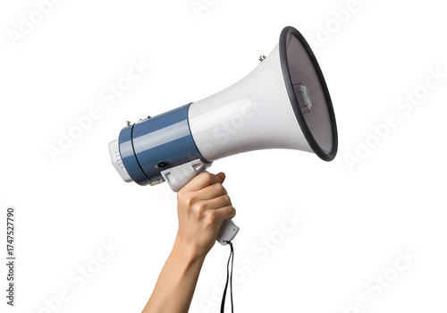 Hand holding a loud megaphone for public announcement news tool grey gray on transparent background