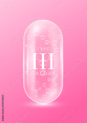 Type III collagen molecules pink in translucent capsule. Collagen main protein created connective tissues, cartilage, nail, skin and hair. Vector EPS10.