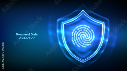 Personal data security. Fingerprint icon behind Security shield on blue background. Cyber security. Identity protection, digital safety and privacy. Biometrics identification. Vector illustration.