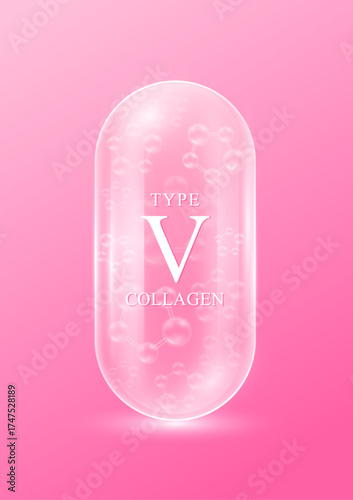 Type V collagen molecules pink in translucent capsule. Collagen main protein created connective tissues, cartilage, nail, skin and hair. Vector EPS10.
