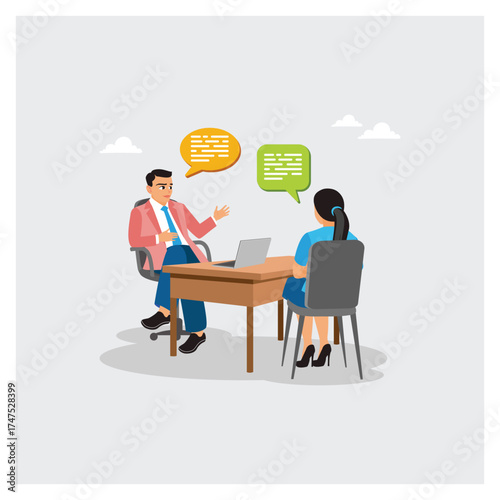 Business people answer question from HR manager in job interview at desk.