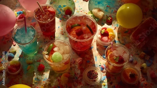 Colorful, sugary drinks and treats scattered on a brightly painted, confetti-covered surface