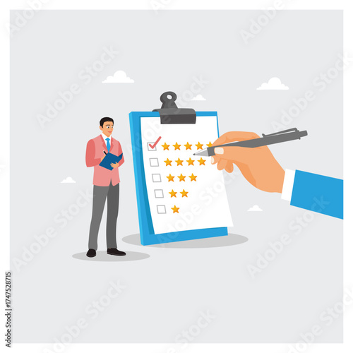 Businessman conduct business evaluations by providing star ratings on a clipboard with a pen.