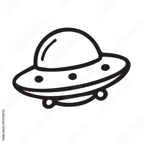 A minimalist vector artwork showing a cute flying UFO, drawn playfully in monochrome black and white with clean and solid black outlines.