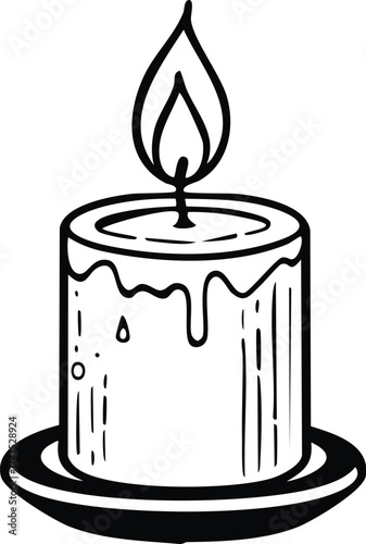 A lit candle sits on a small saucer, with wax dripping down its sides.