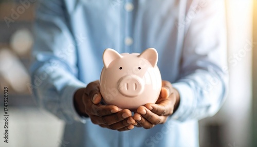 a Finance and business. man with piggy Bank Close Up