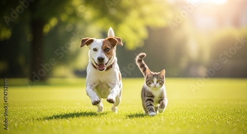 Wallpaper Mural Joyful run dog with floppy ears and tabby cat sprinting across green grass in bright sunshine Torontodigital.ca