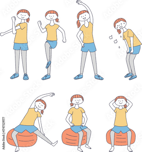 ストレッチをする女性のイラストセット線画