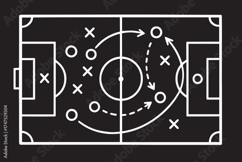 A vector illustration showing a football strategy drawn on a chalkboard, featuring black and white field markings, player positions, and tactical arrows.